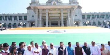 Karnataka CM reveals massive khadi national flag at Suvarna Vidhana Soudha in Belagavi