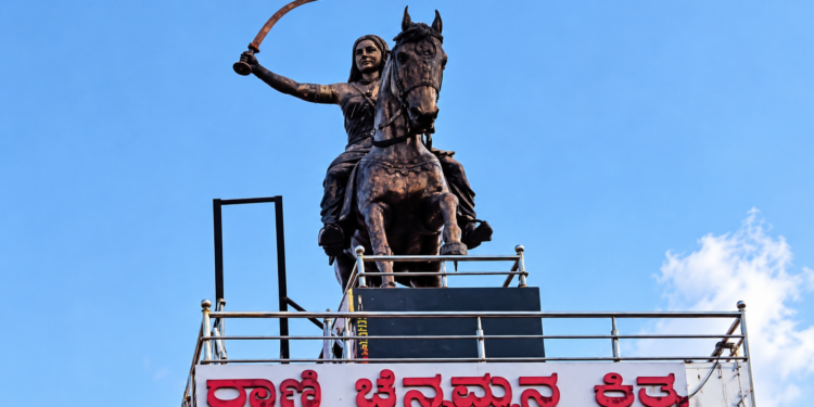 Equestrian statue of Rani Channamma's broken arm repaired in Kittur